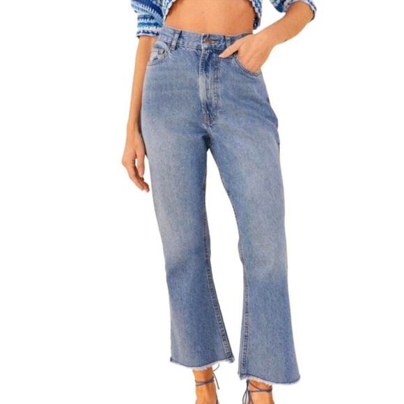 Farm Rio Light Wash Carrot Denim Pants Jeans Flare Leg Fringe Hem Blue Size 28 - Picture 1 of 11